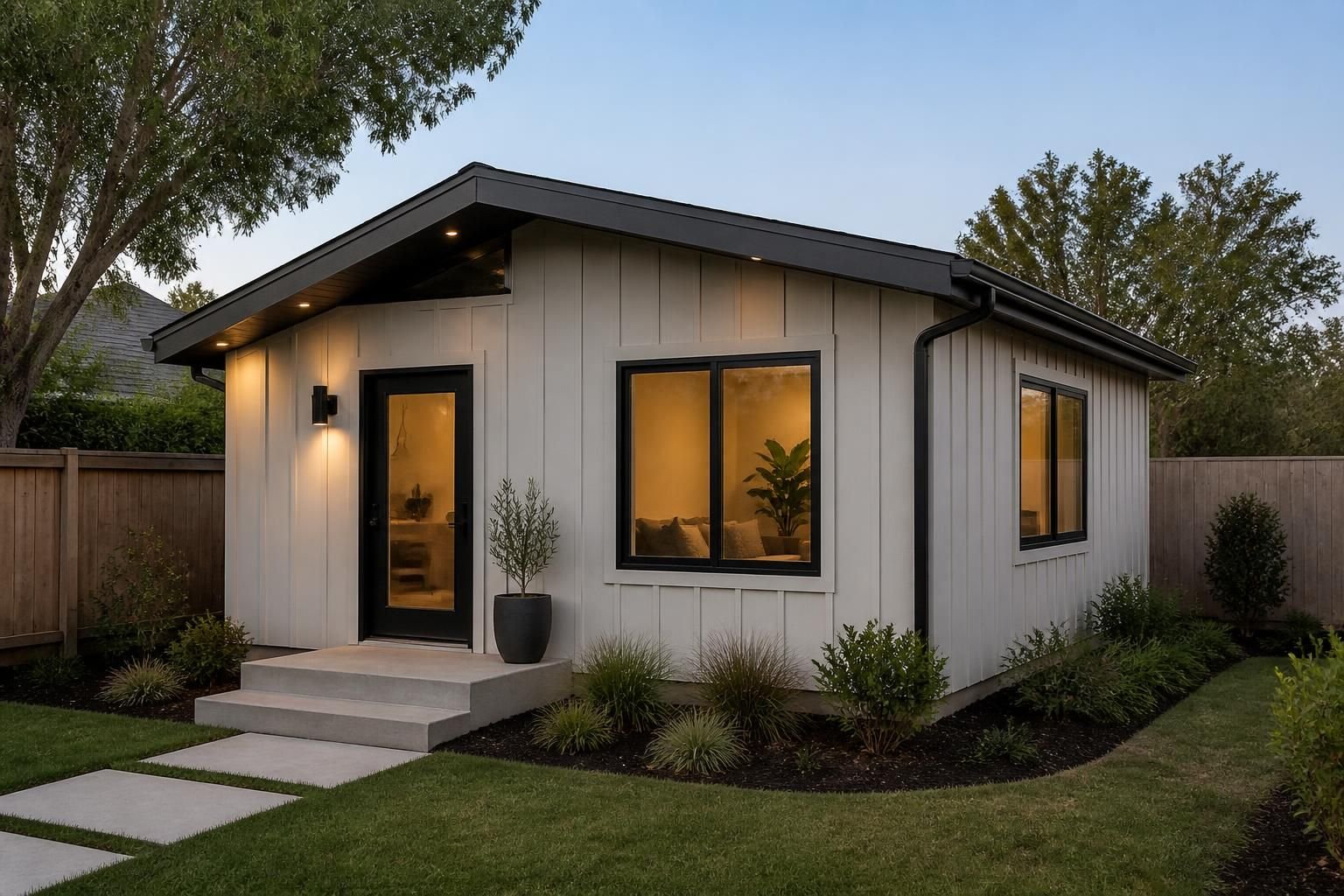 Modern accessory dwelling unit exterior with clean landscaping