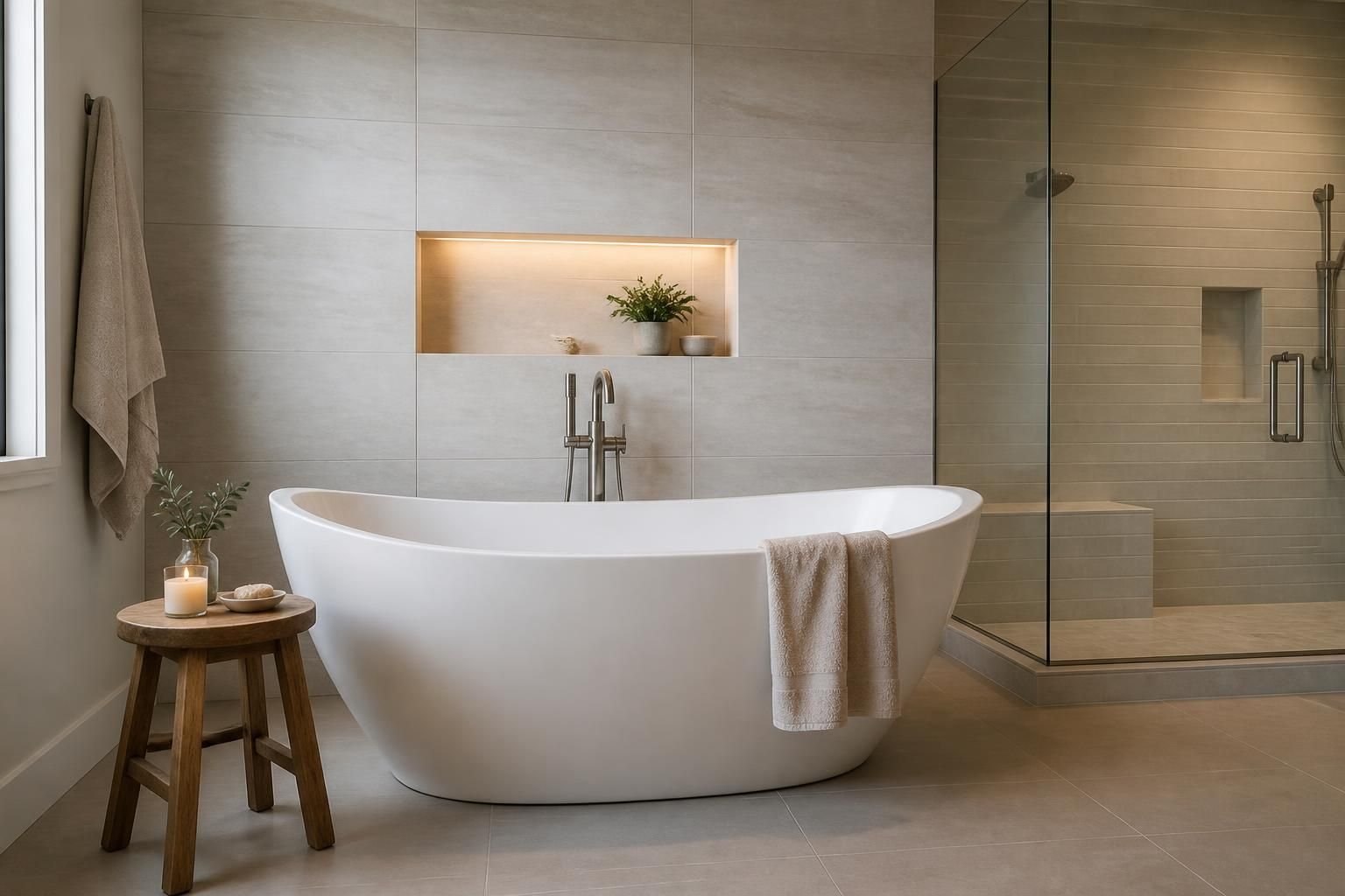Serene remodeled bathroom with freestanding tub and clean tile
