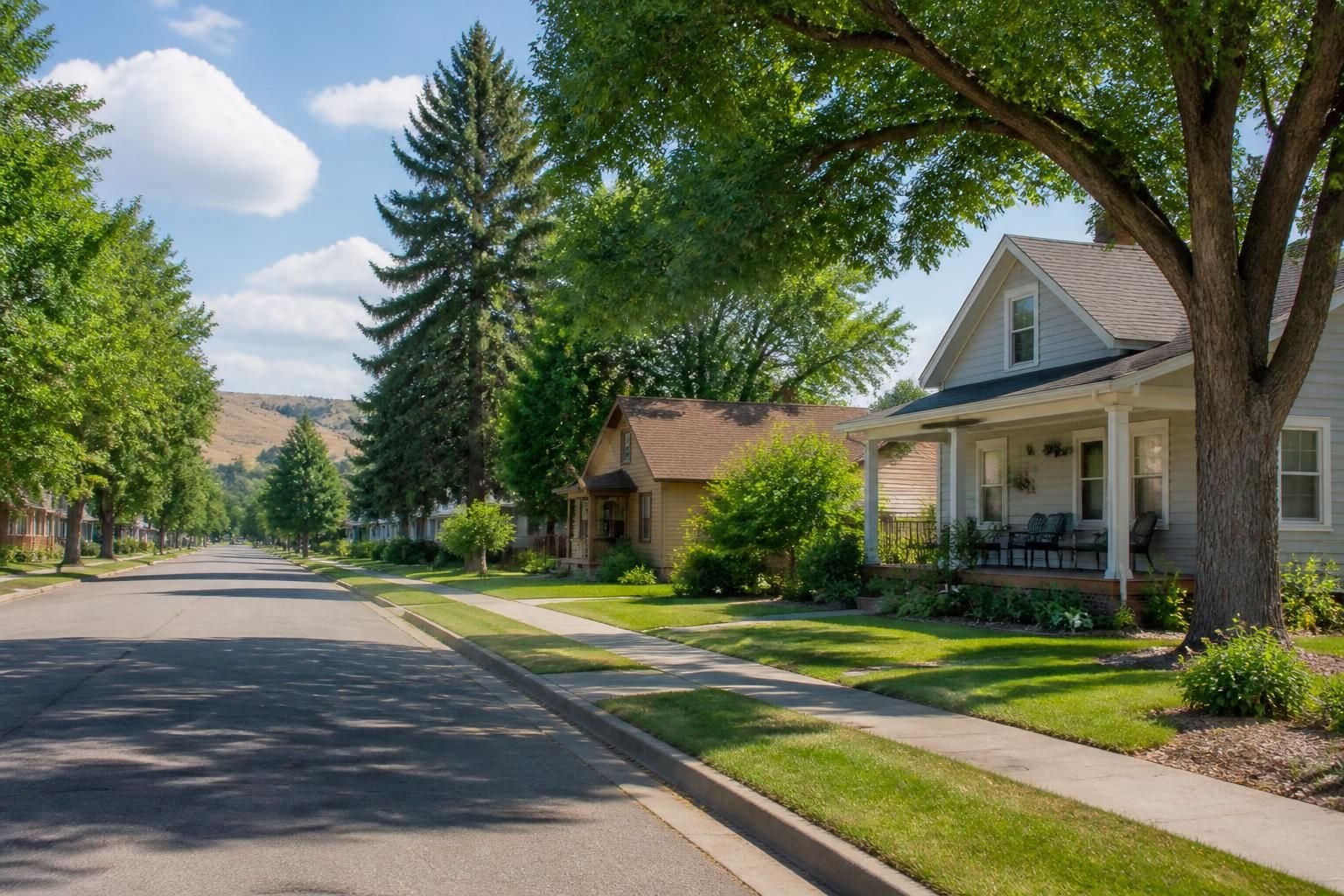 Tidy residential street with trees in Laurel Montana