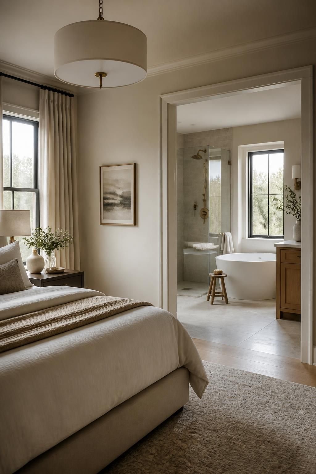 Spa-like primary suite bathroom with soft natural light