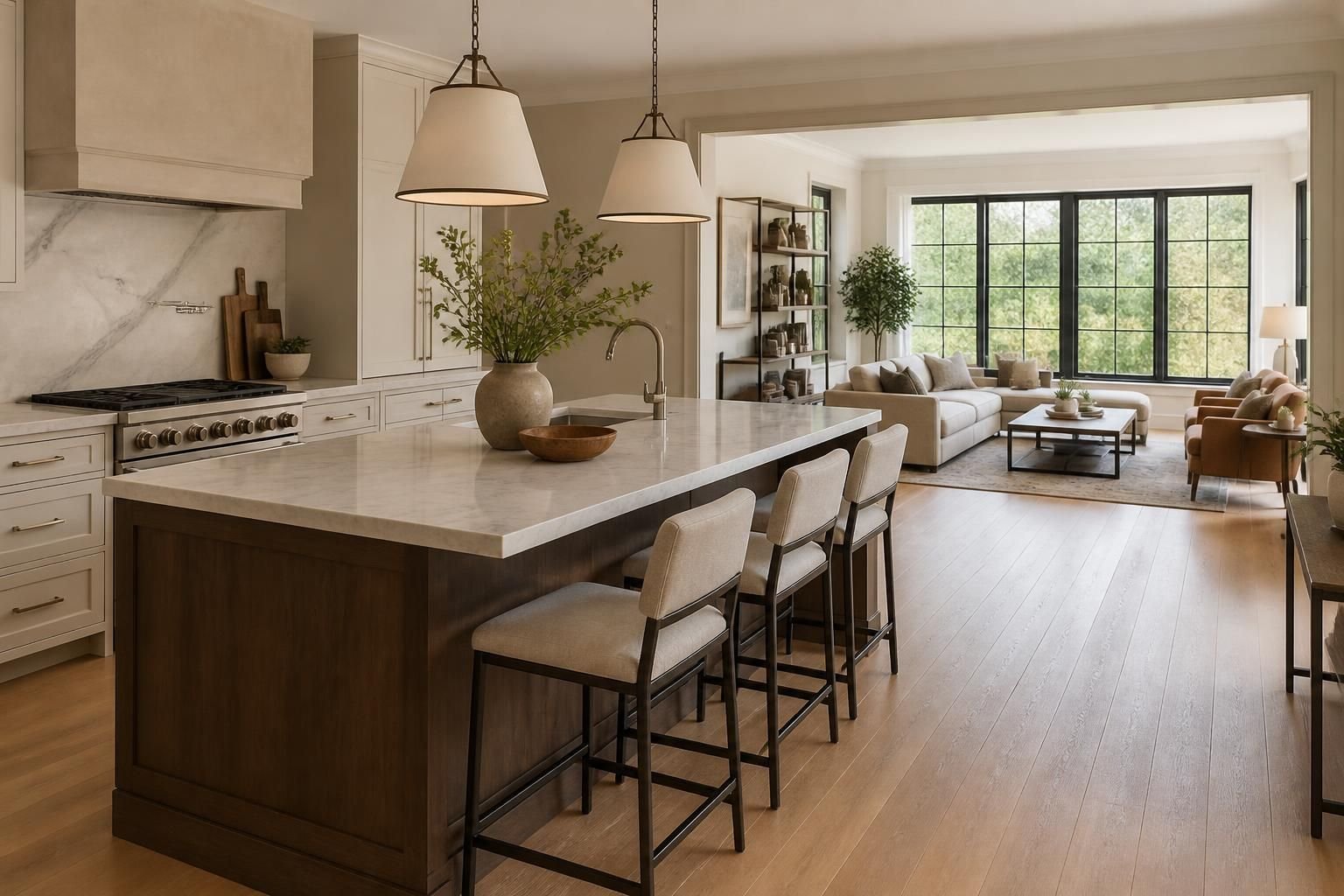 Bright remodeled kitchen opening into a refined modern living space